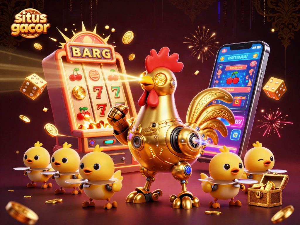 Engage with situs gacor virtual slots featuring a dynamic 3D golden rooster robot and jackpot elements.