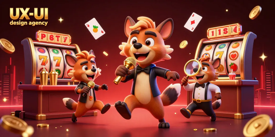 Engaging scene featuring a UX/UI design agency with hyenas in a casino, presenting vibrant slot games.