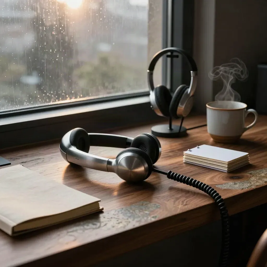 Brushed-metal consult desk with headset, notebook, cards and cup by rain-lit window.