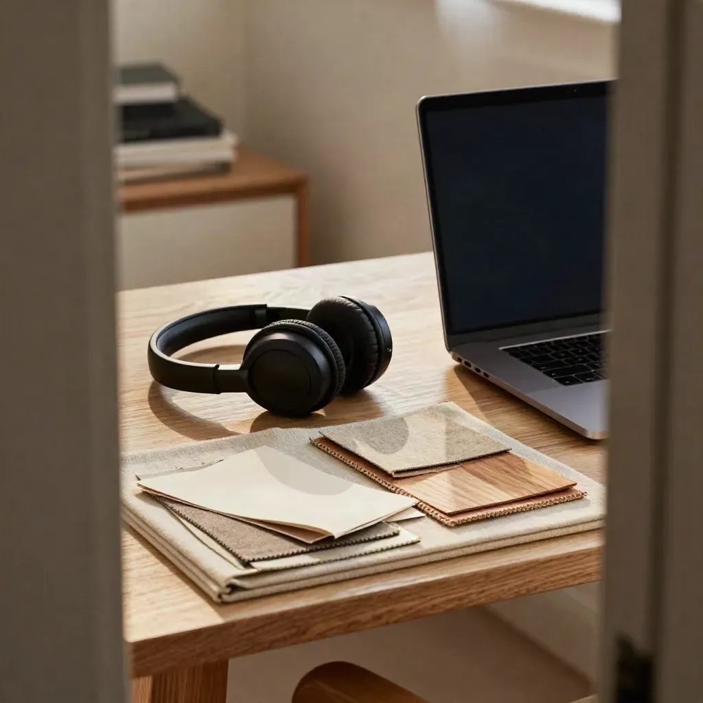 Warm home office corner with handset, headset, closed laptop, and material swatches by doorway.
