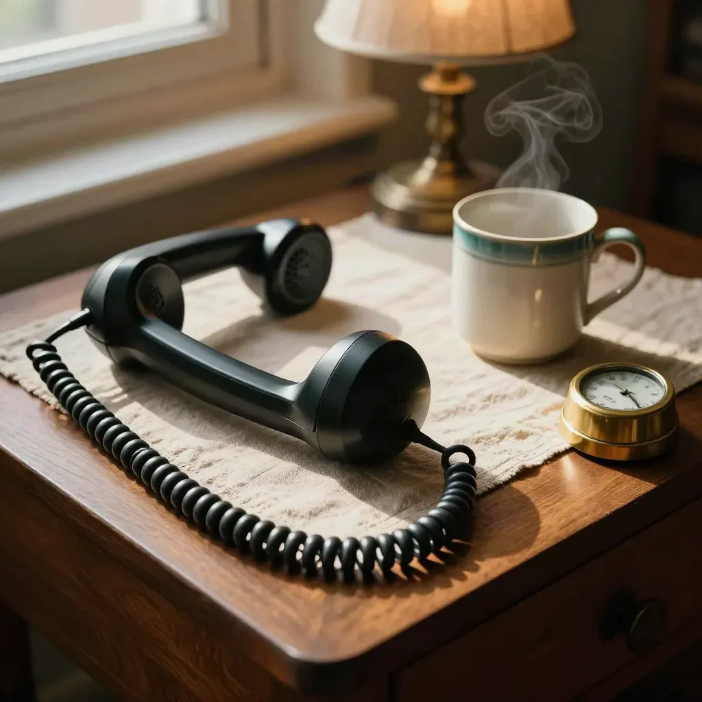 Handset in cradle beside brass timer and steaming mug on a walnut side table