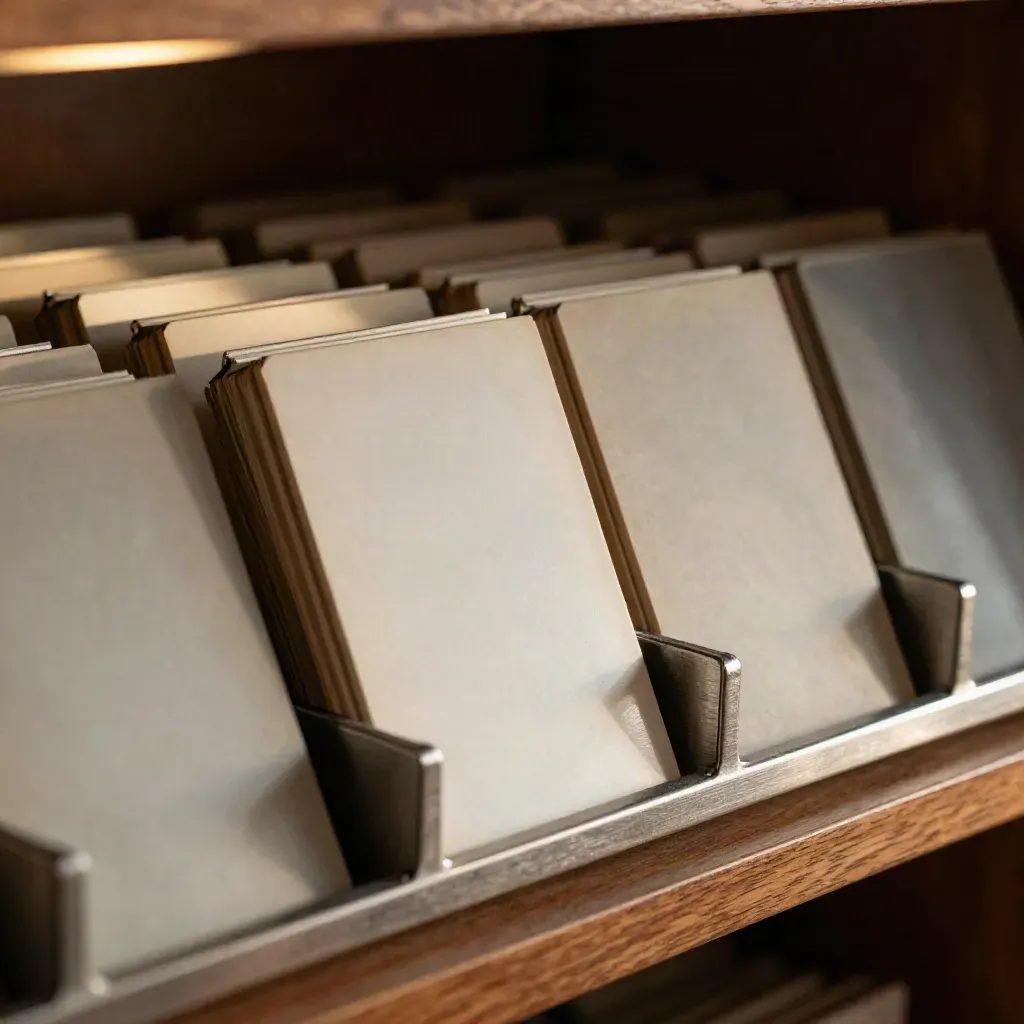 Matte metal profile tiles in a rack, one pulled forward on a walnut shelf in soft haze.