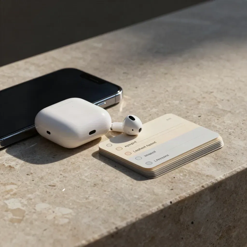 Compact phone, earbuds case, and reply tabs on brushed stone in a kinetic top-down still life.