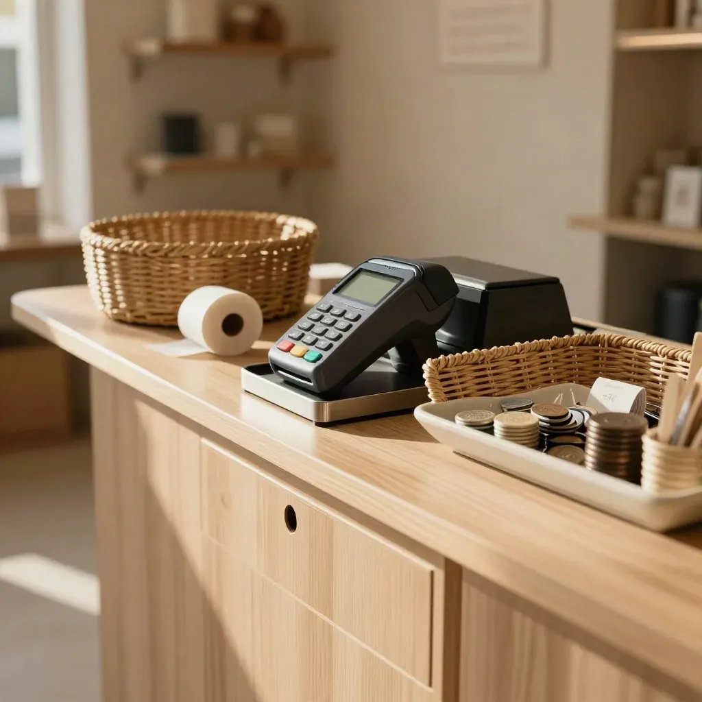 Orderly boutique checkout counter with card reader, till, and stacked baskets in warm light