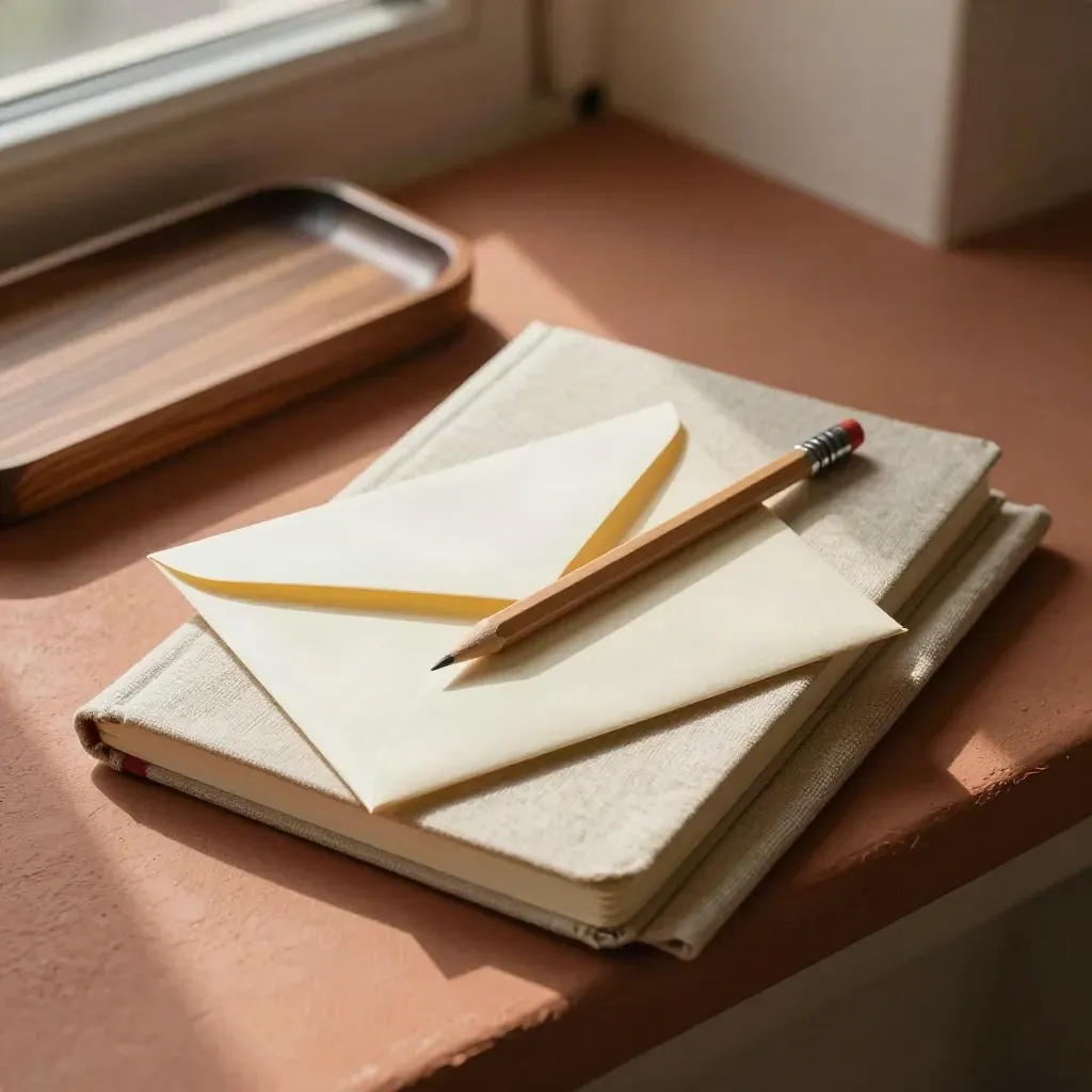 Top-down view of a closed notebook, sealed summary envelope and pencil on linen in warm light.