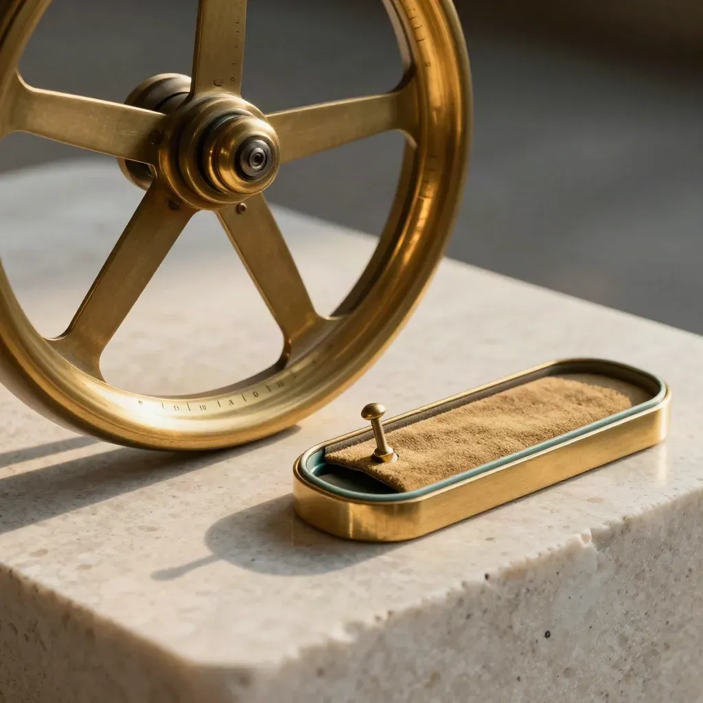 Brass booking wheel with key tray on pale stone, lit by a dramatic morning beam.