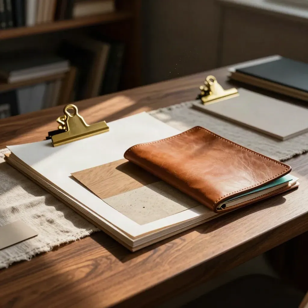 Freelance presentation kit with sample boards and leather folio on a warm studio desk.