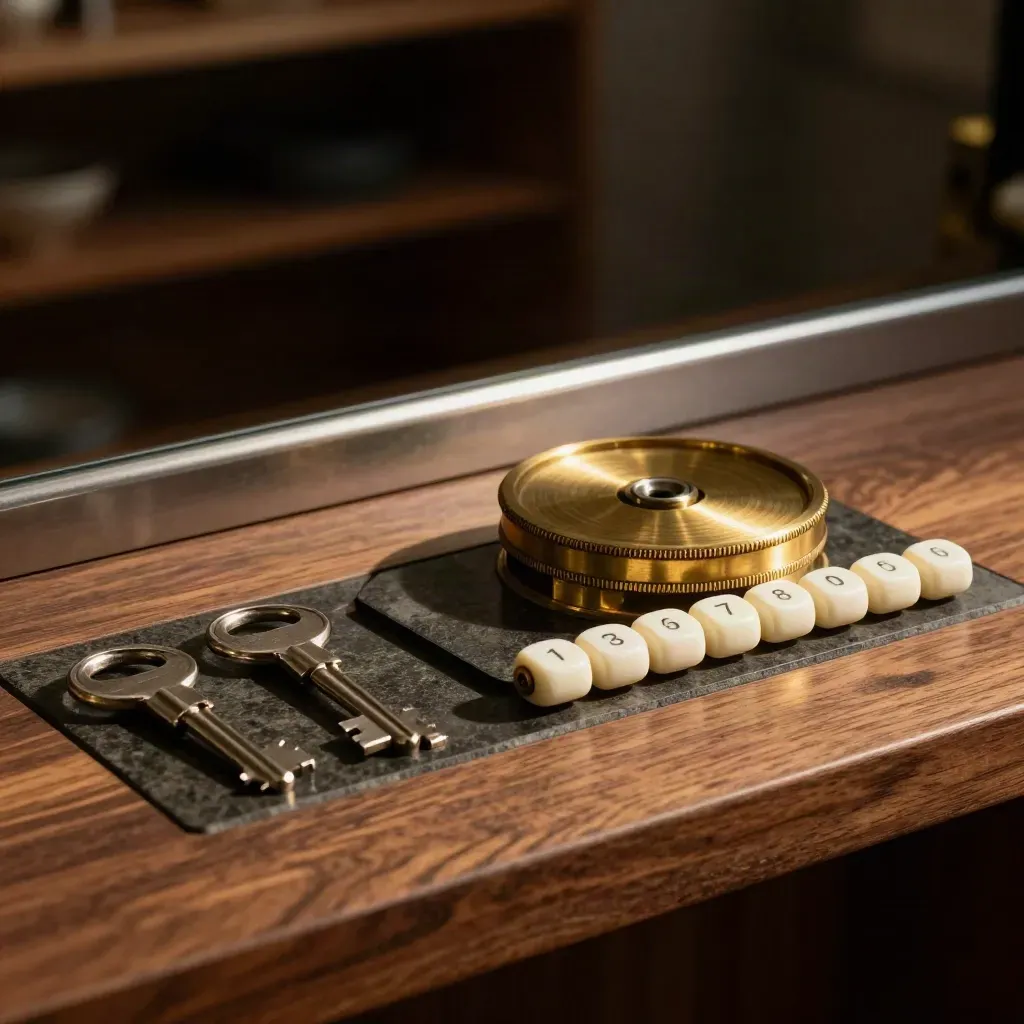 Brass appointment wheel, key tray, and aligned time markers on a walnut booking ledge.