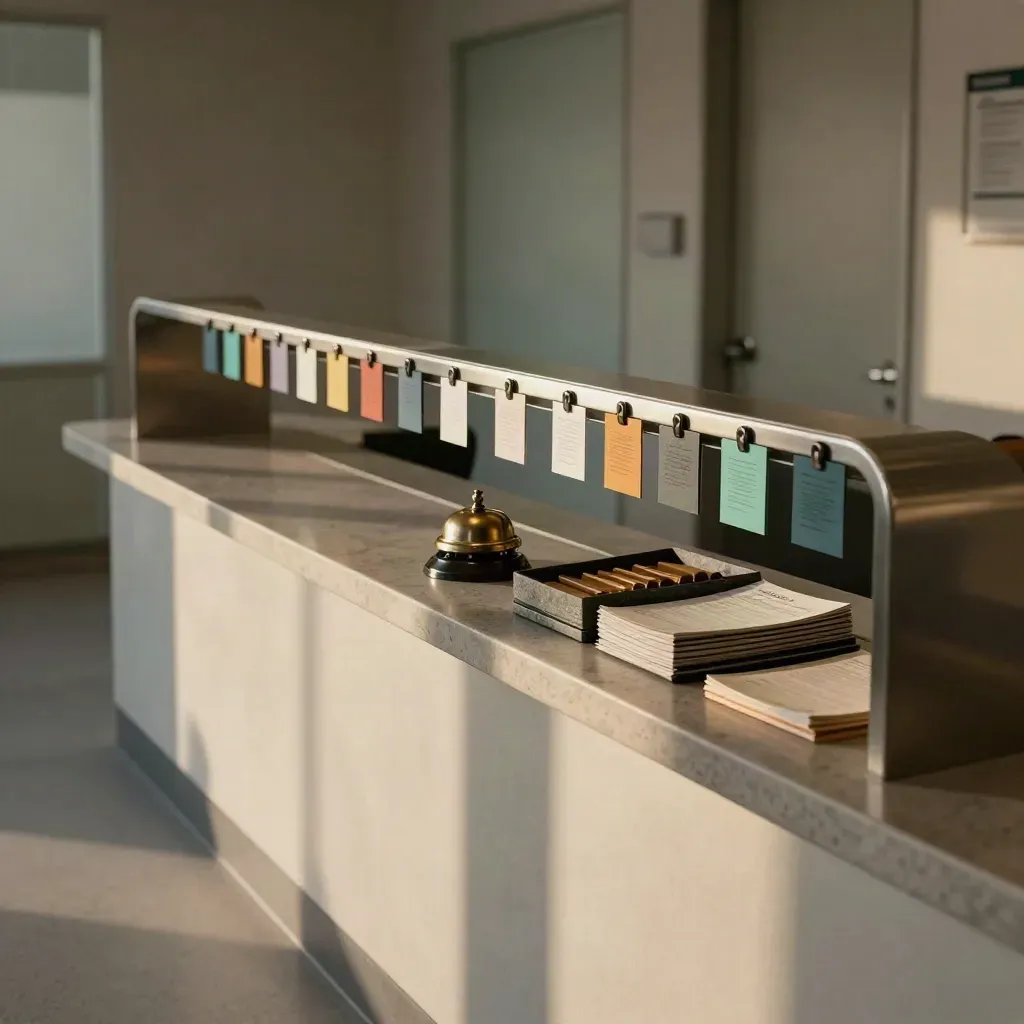 Empty clinic reception counter with pegs, trays, and a desk bell in cool haze.