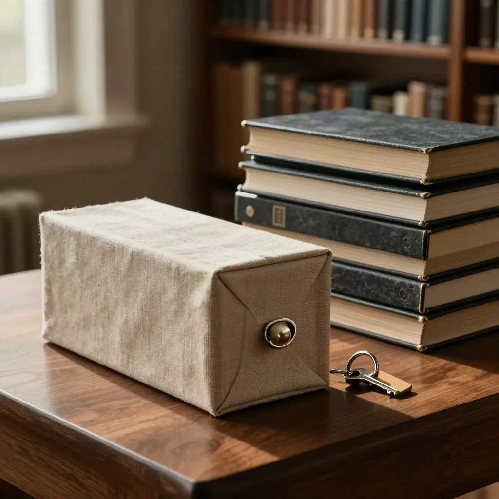 Archive box, pewter key ring, and slate binder boxes on a walnut library table in soft window light.