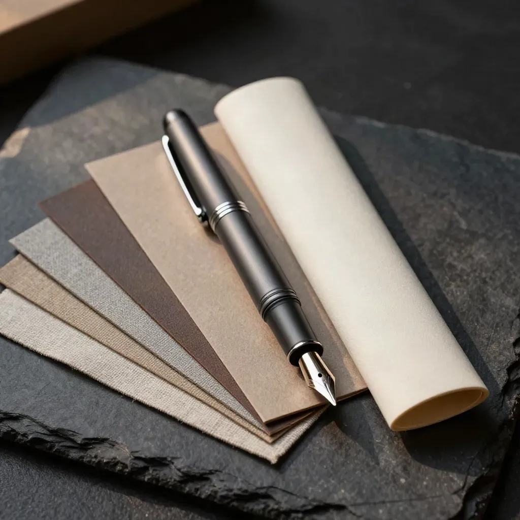Macro of a fountain pen, sealed sleeve and material swatches on dark slate stone.