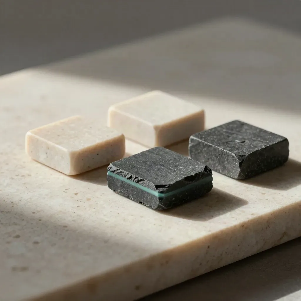 Top-down chips for expert matching on travertine, one slate chip pulled forward with a teal edge.