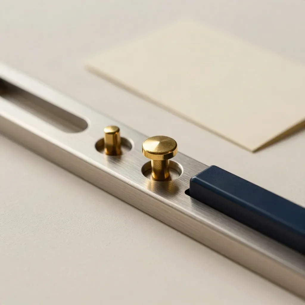 Brushed metal slot rail with a brass peg, reserve peg, and cream card on a plaster sweep.