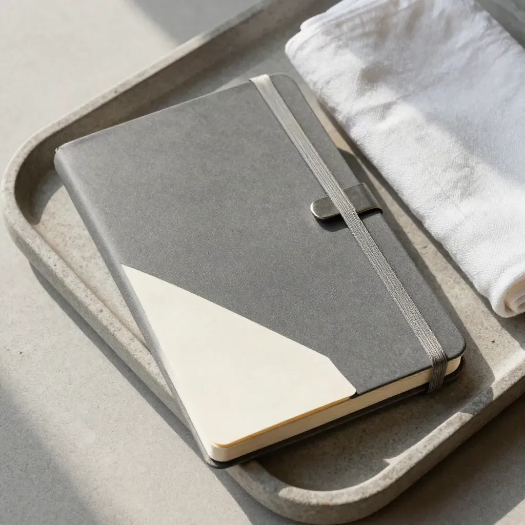 Stone tray with a closed notebook, angled summary card and folded white cloth, top-down.