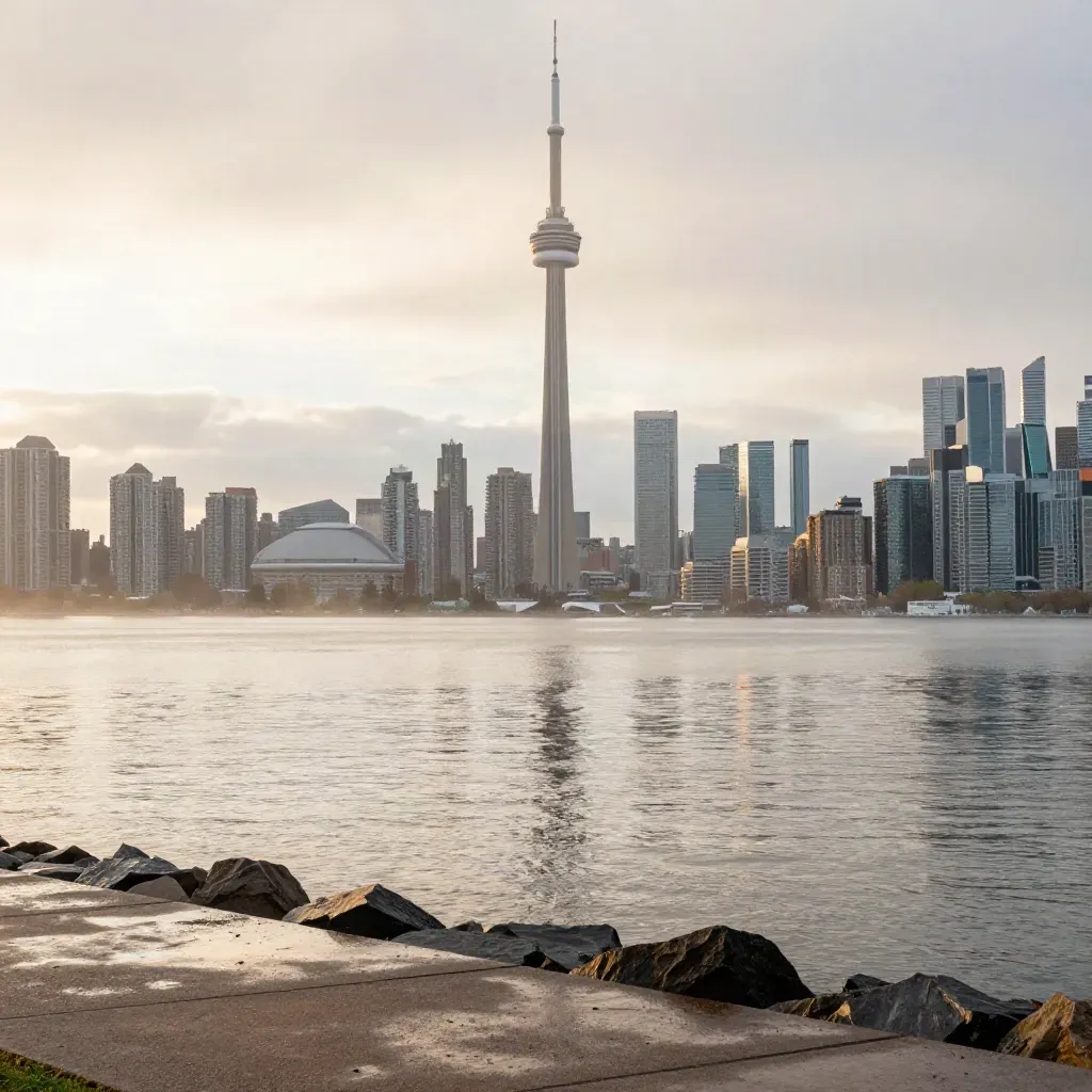Toronto skyline with CN Tower above misty Lake Ontario at dawn