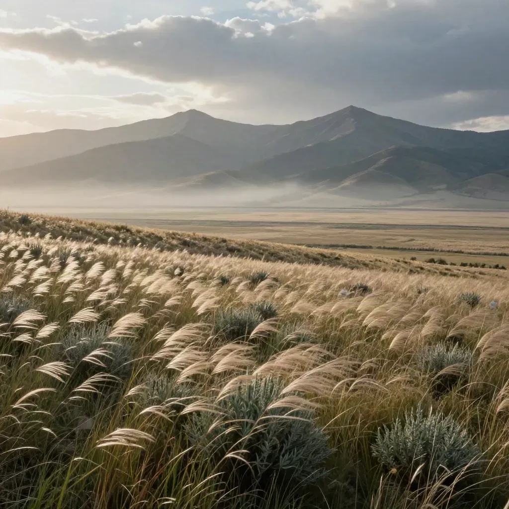Windy Alberta foothills and distant peaks after rain, with open grassland for copy space.