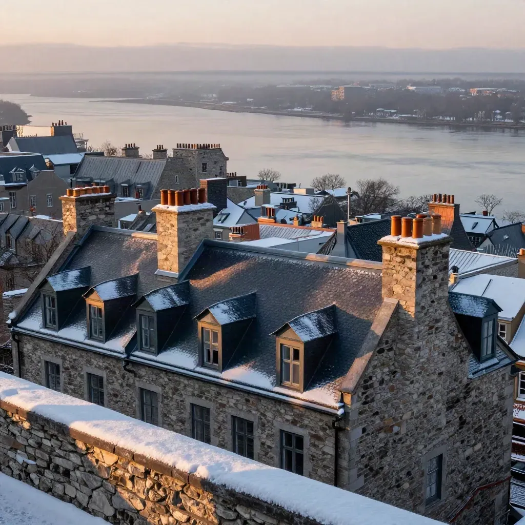 Old Quebec rooftops and ramparts above a misty Saint Lawrence at blue hour