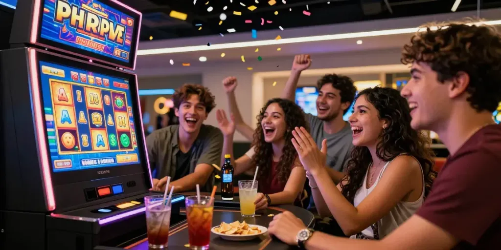 Keberhasilan permainan slot gacor oleh sekelompok teman dalam suasana kasino modern.