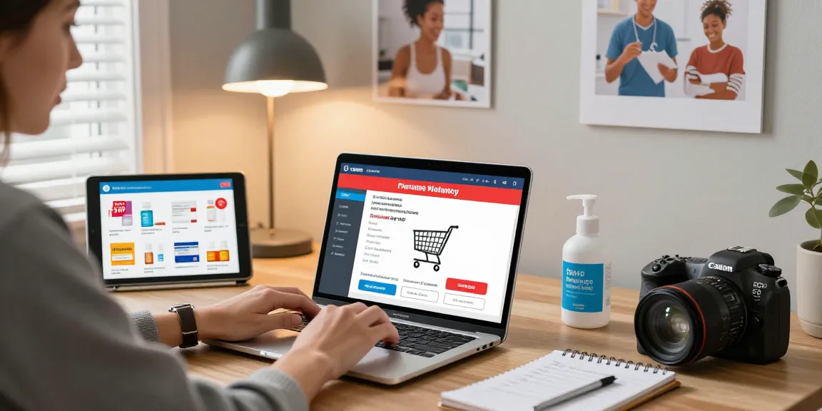 Buy medicine in Canada through an online pharmacy experience with a customer browsing various options.